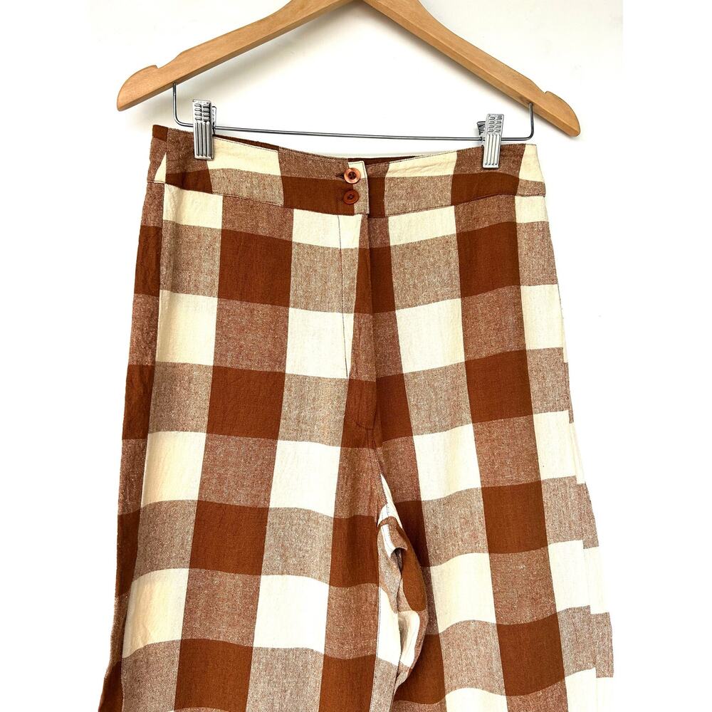 Ali Golden Silk Front Fly Plaid Pants Rust Cropped Wide Leg Medium Brown - Picture 6 of 9